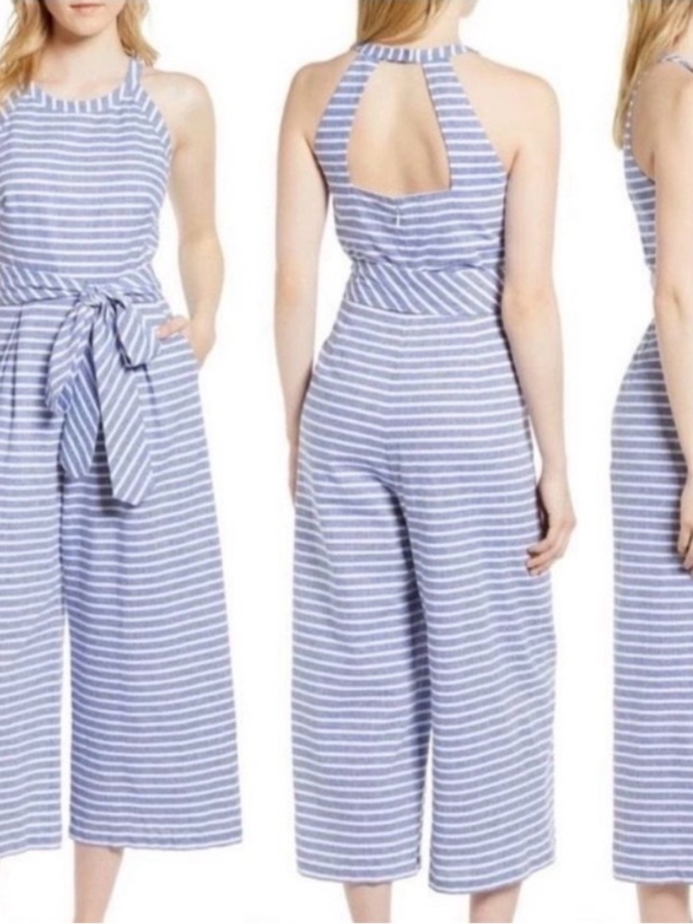 1901 Striped Halter Tie-Waist Jumpsuit in Light Blue Sz 2